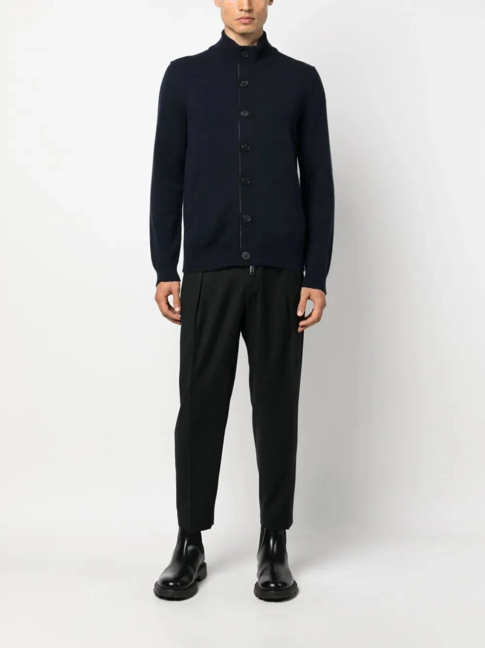Leather-Trimmed Cashmere Cardigan