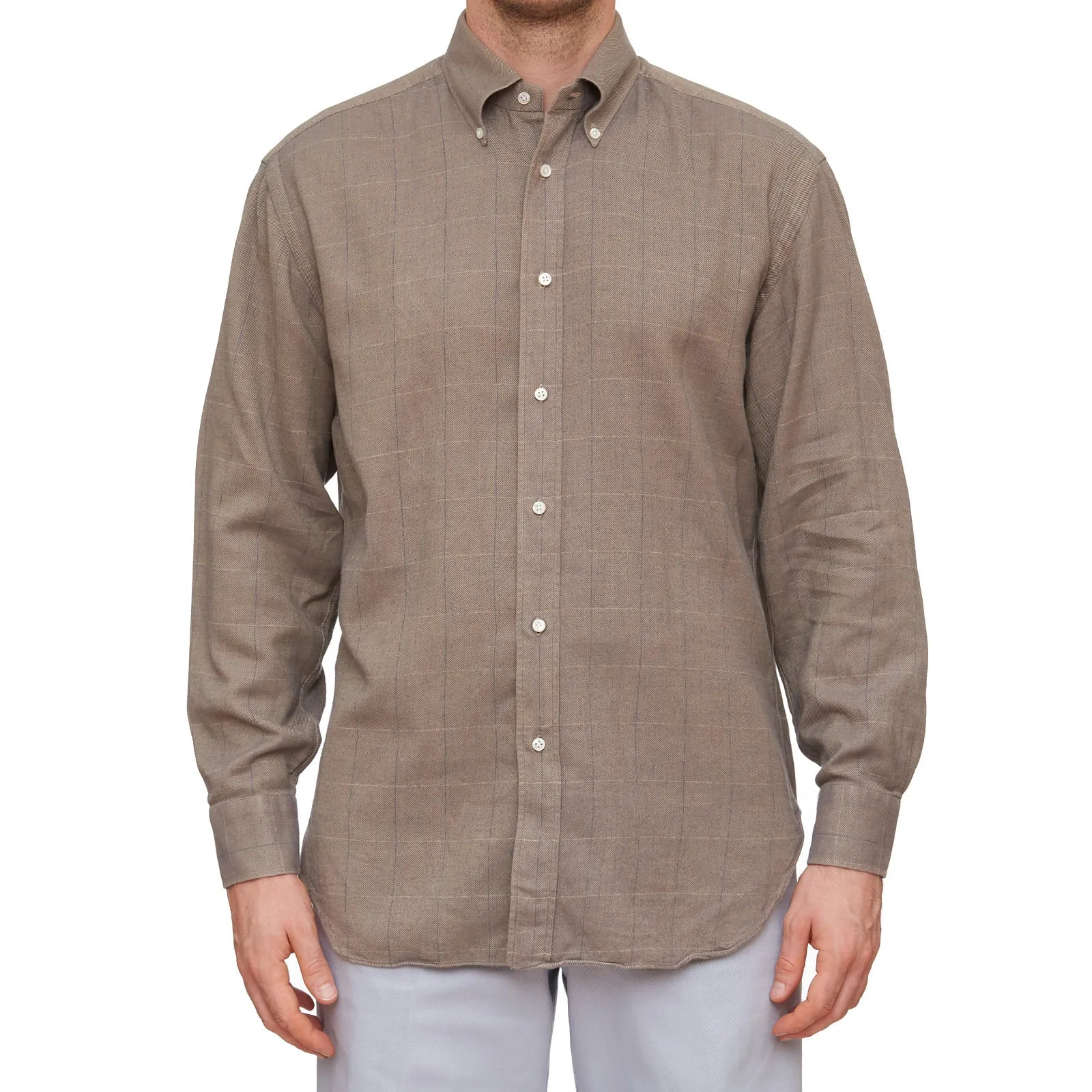 LUIGI BORRELLI Handmade Taupe Flannel Button-Down Shirt EU 41 US 16