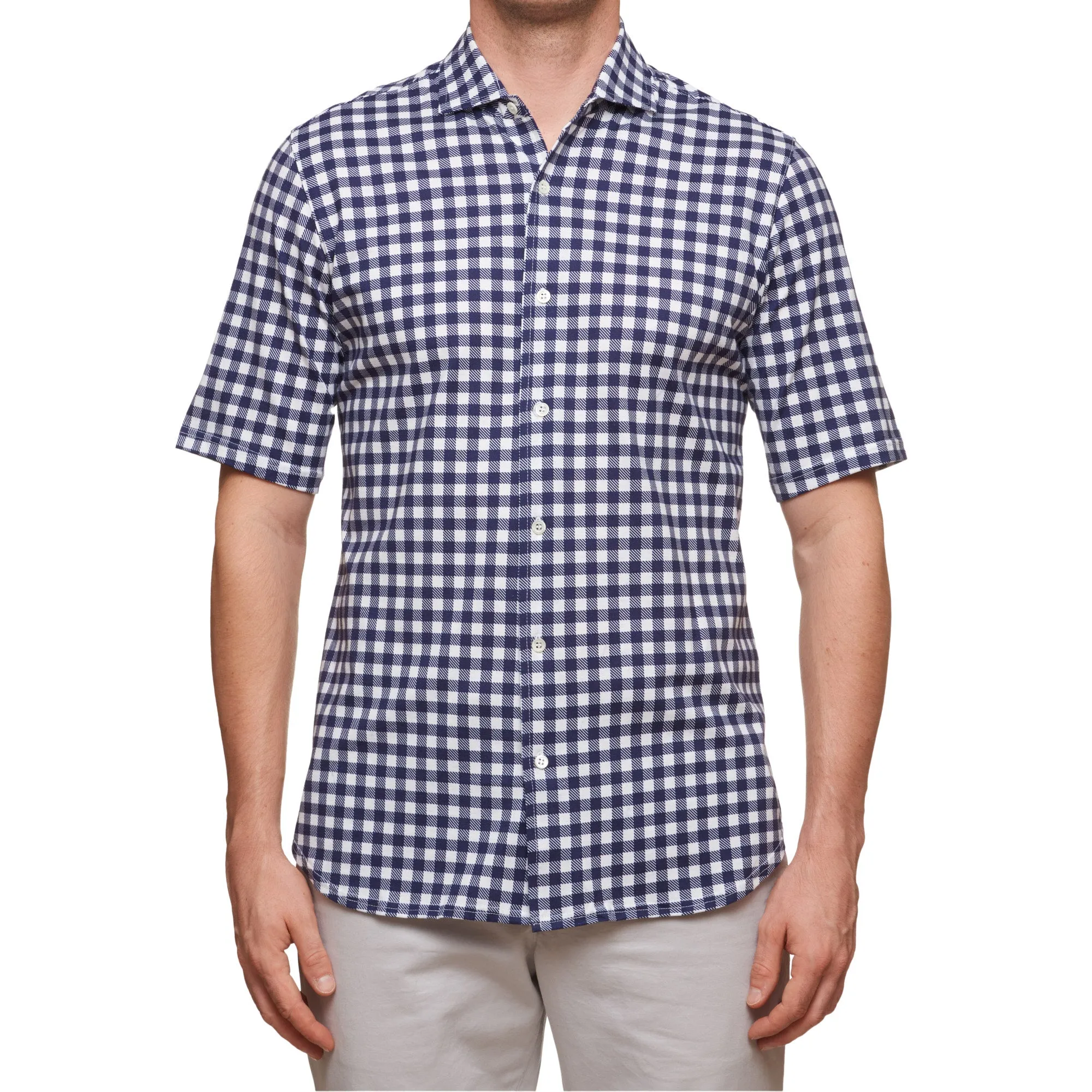 SARTORIO Napoli by KITON Blue Gingham Plaid Cotton Short Sleeve Casual Shirt NEW