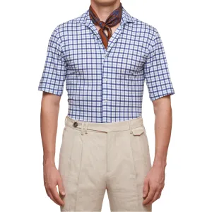 SARTORIO Napoli by KITON Blue-White Plaid Cotton Short Sleeve Casual Shirt NEW