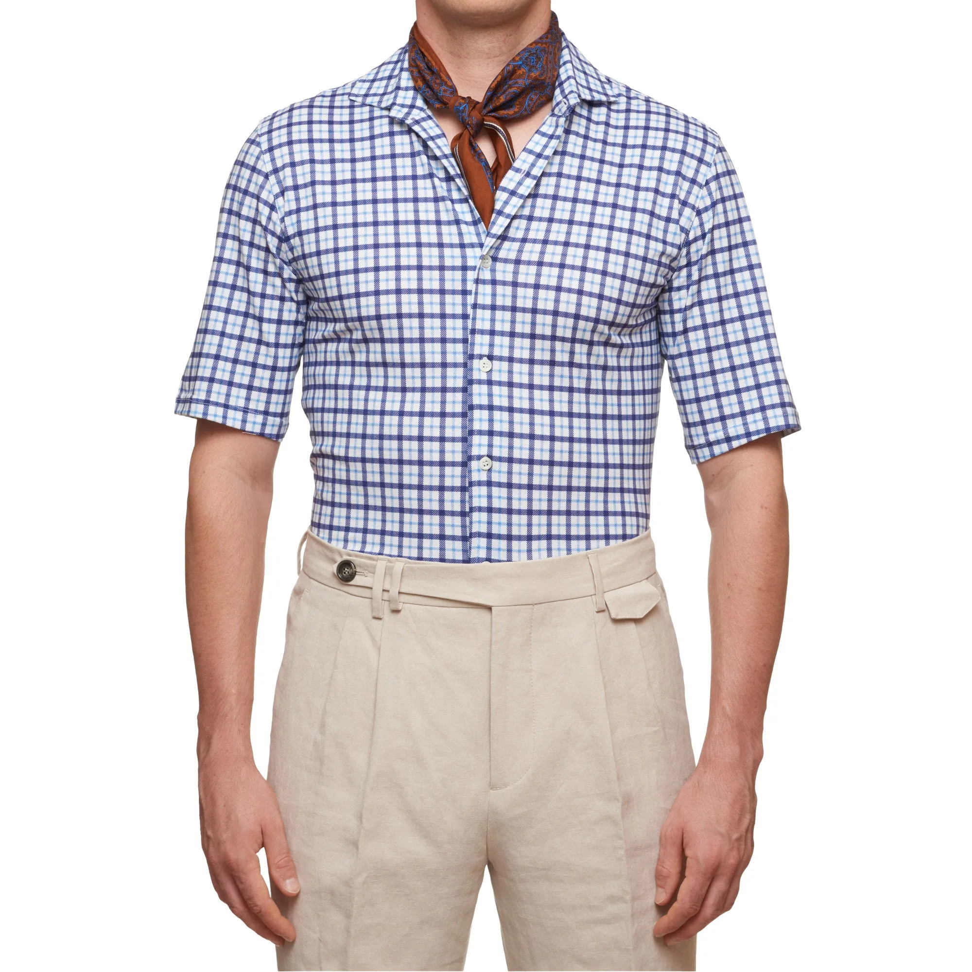 SARTORIO Napoli by KITON Blue-White Plaid Cotton Short Sleeve Casual Shirt NEW