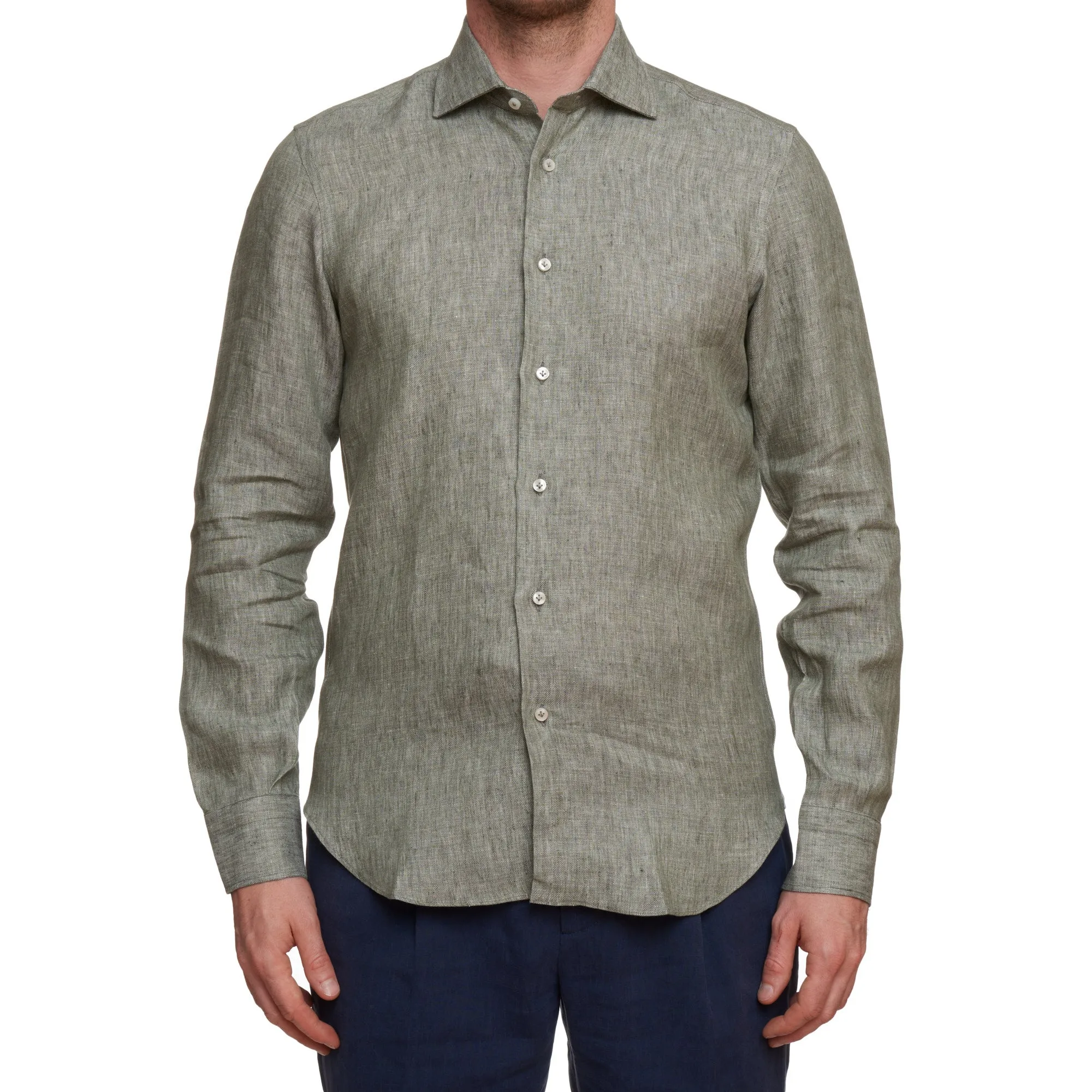 SARTORIO Napoli by KITON Green Linen Spread Collar Shirt Slim Fit NEW