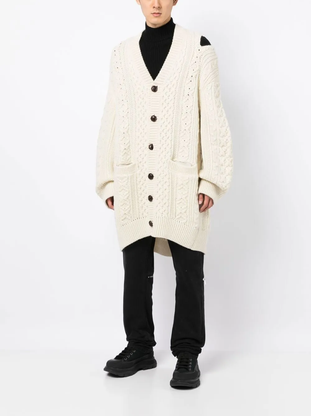Zip-Detail Aran-Knit Cardigan