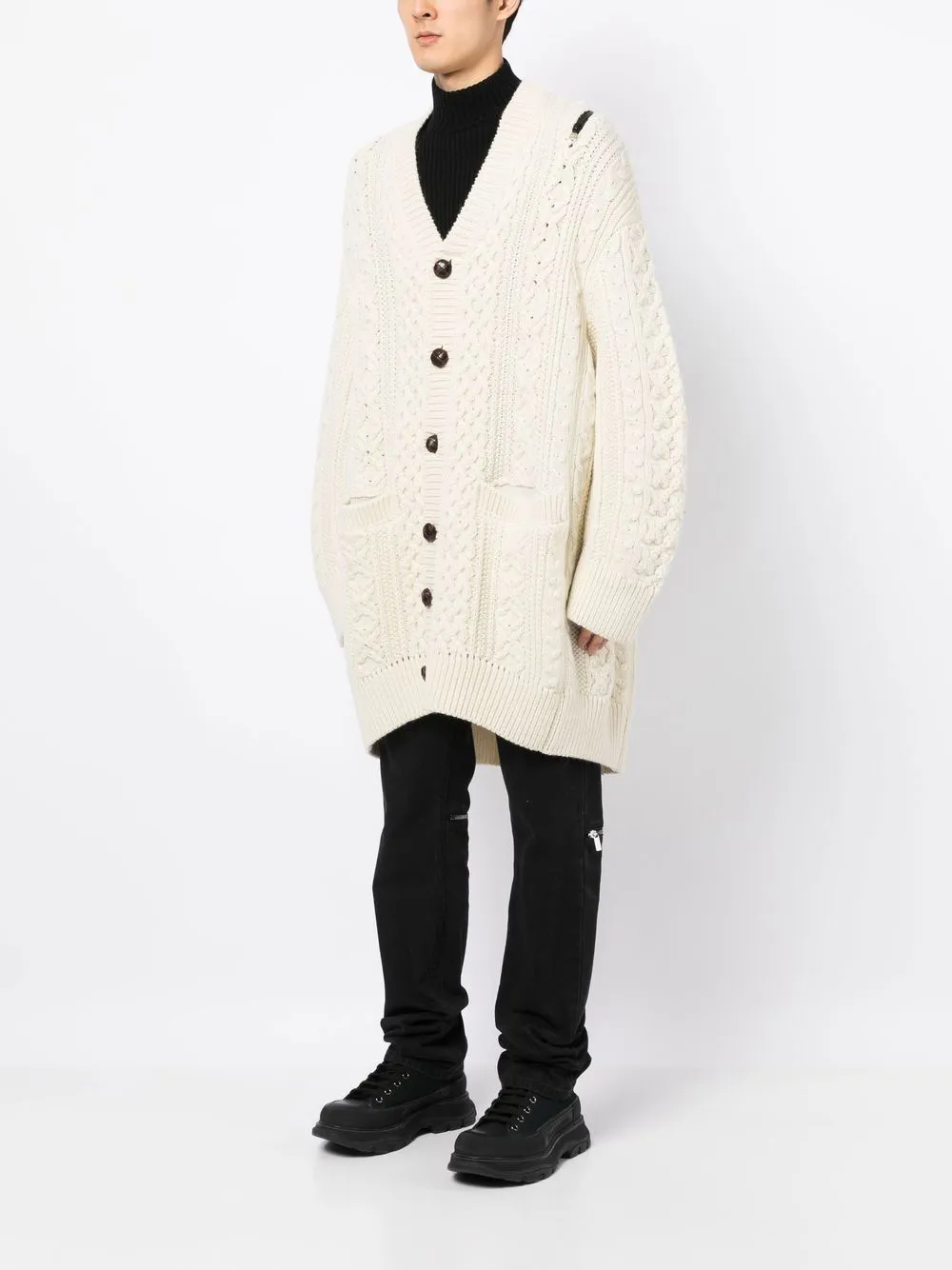Zip-Detail Aran-Knit Cardigan